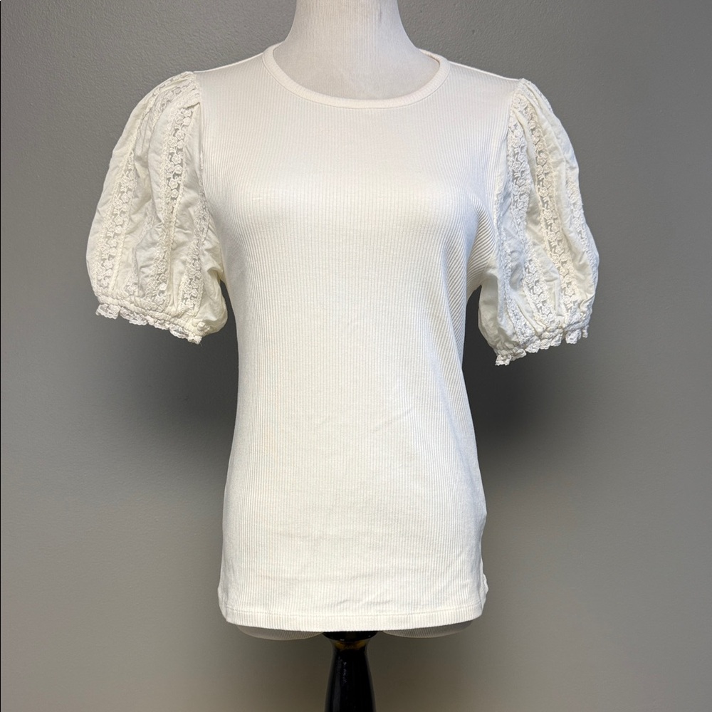 J.Crew Size L White Puff Sleeve Knit Top Cotton Modal Blend